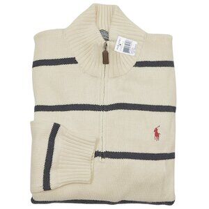 NEW Polo Ralph Lauren Sweater! Sm Creme & Black Stripe Navy Polo Player Zip Neck